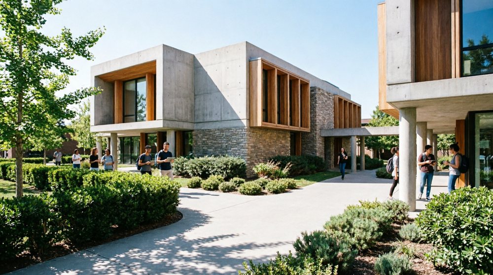 Five Space World: campus building with geometric concrete and timber forms